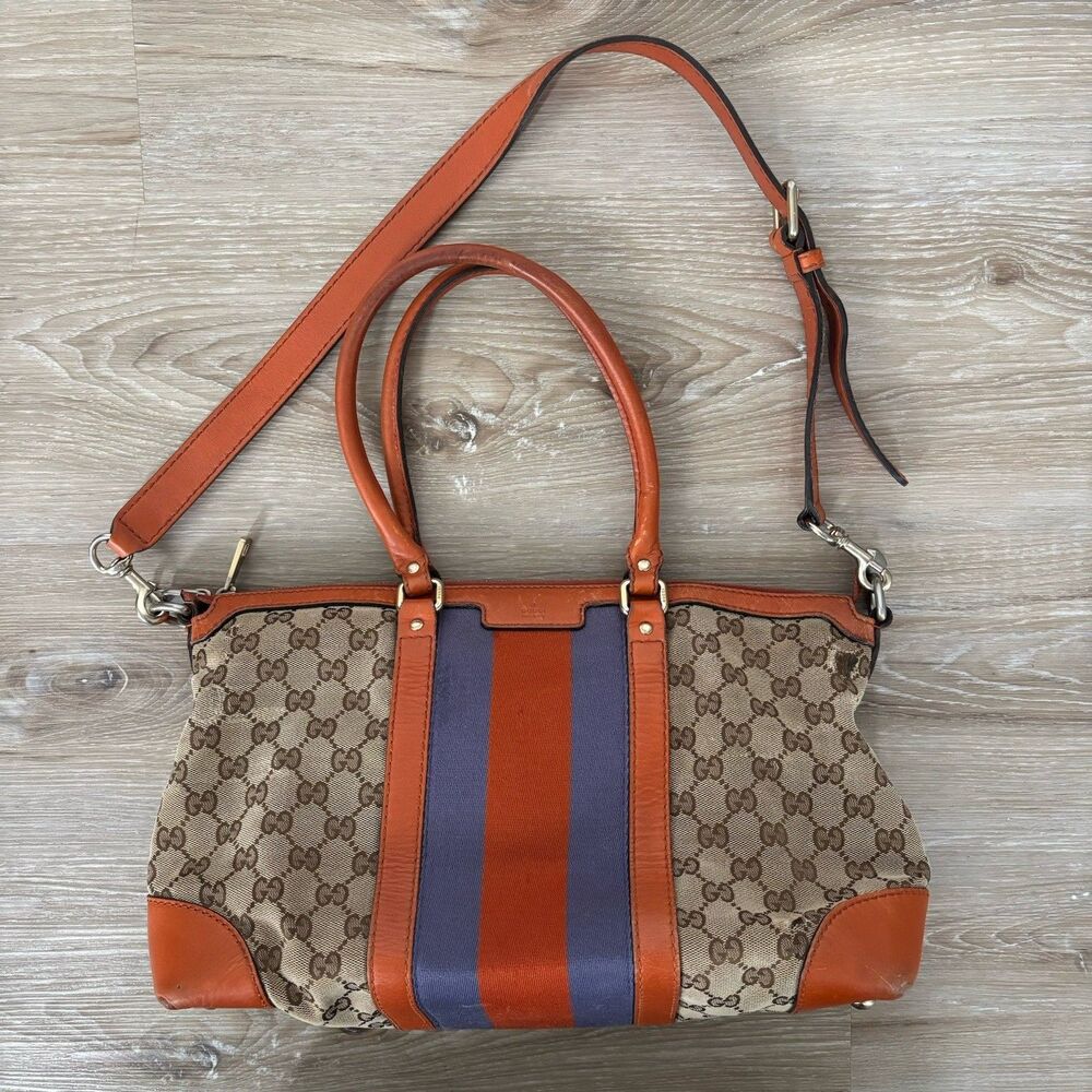 GUCCI Purse Monogram Vintage Web Small Boston Orange Blue Shoulder Bag Rare - Picture 4 of 16